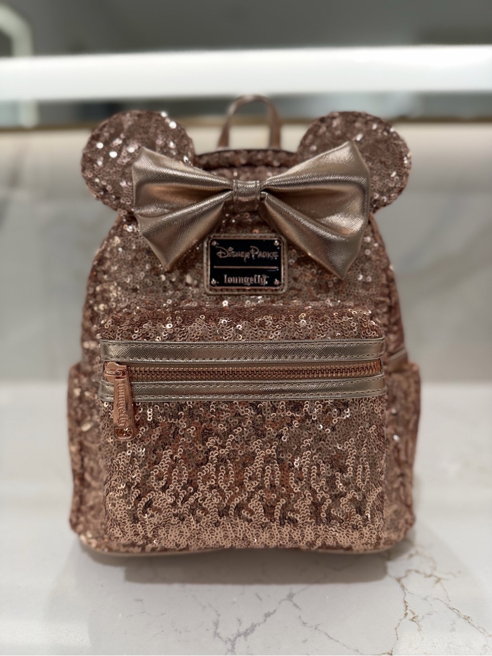 Disney Loungefly Rose Gold Sequin Mini Backpack with Bow Ears